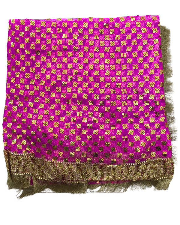 Purple scarf with gold pattern on a white background