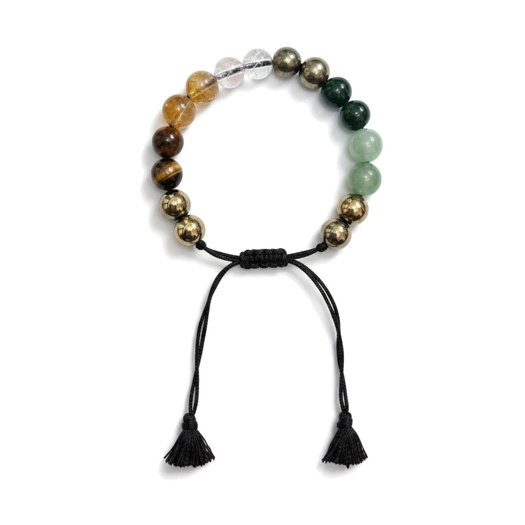 Small Dhanyog wealth crystal bracelet on black braided cord with tassels - Divine Sansar