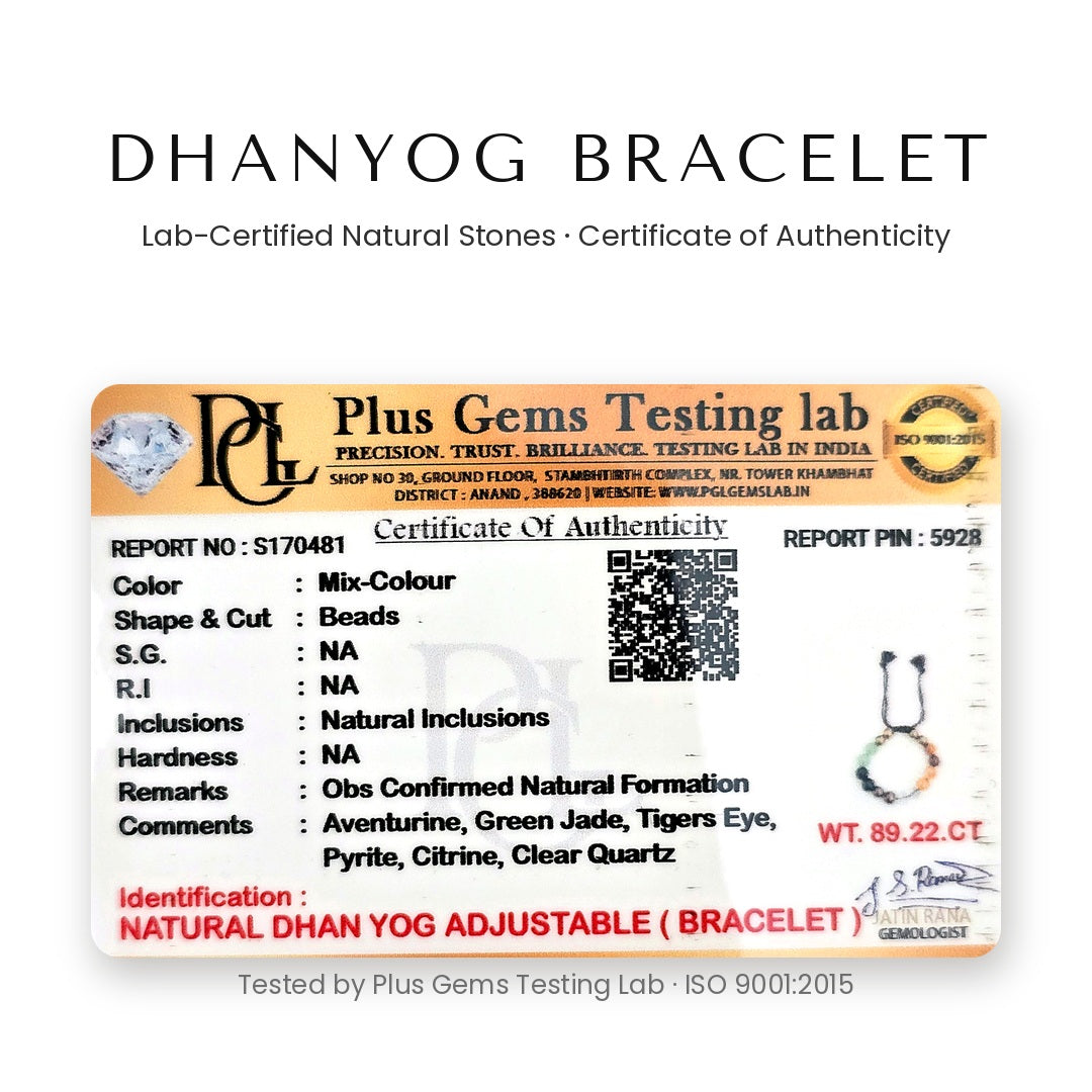 Plus Gems Testing Lab certificate of authenticity for natural Dhanyog adjustable bracelet - Divine Sansar UAE