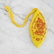 Gomukhi japa mala bag in yellow cotton with red Radha Krishna and Hare Krishna print - Divine Sansar UAE
