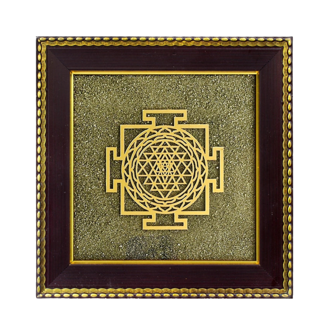 Pyrite Frame Shree Yantra - Brass Engraved Shree Yantra on Raw Pyrite - Divine Sansar UAE