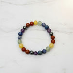 Divine Sansar-7ChakraBracelet-differenr coloured beaded bracelet on a white surface 