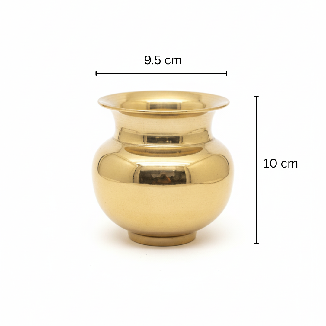 Divine Sansar-Brass Kalash-9.5cm X 10cm dimensions labeled on a white background