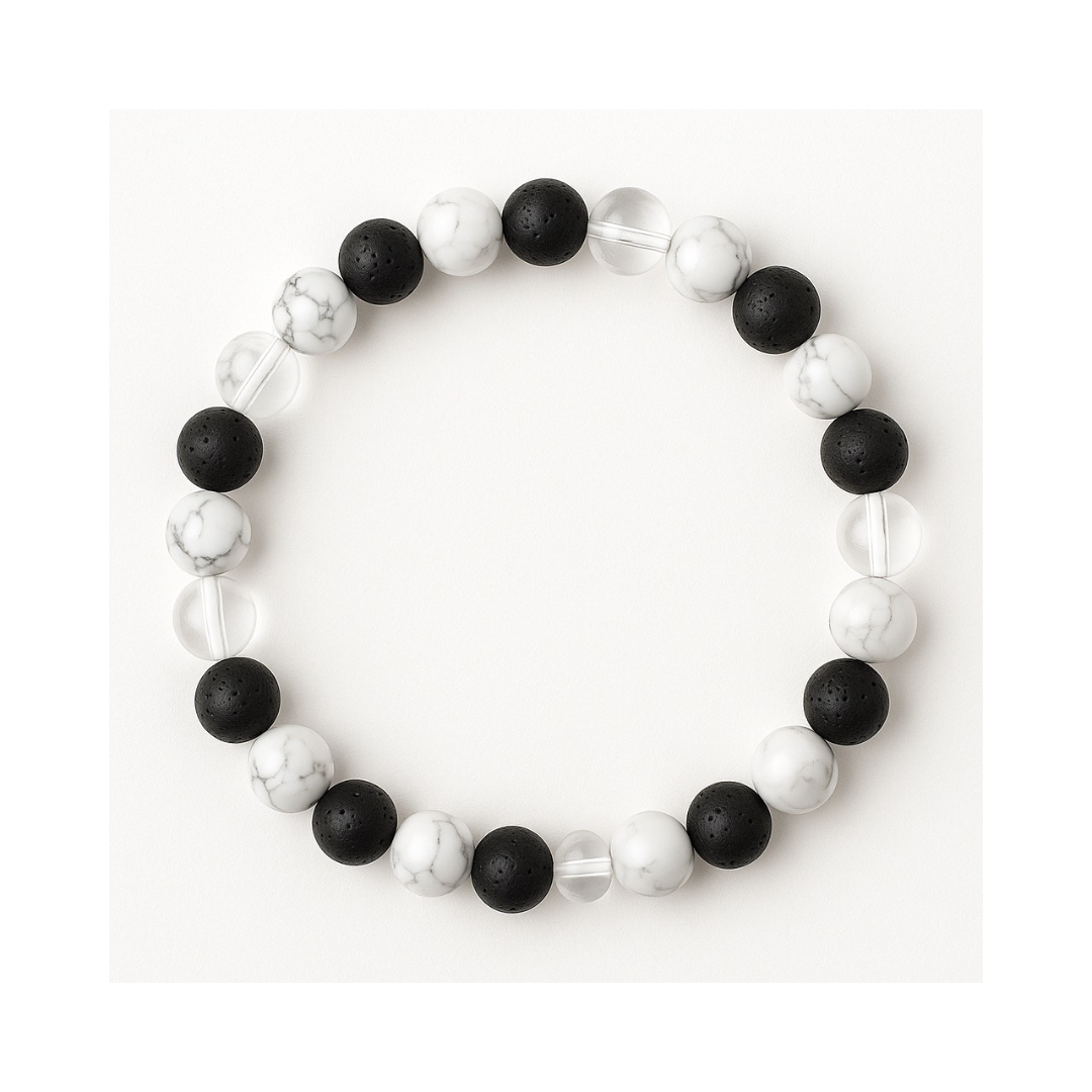 Divine Sansar-Crystal Energy Trinity Bracelet: Howlite · Clear Quartz · Lava- on a white background