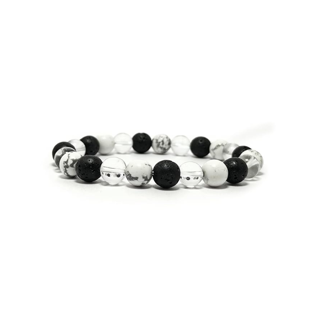 Divine Sansar-Crystal Energy Trinity Bracelet: Howlite · Clear Quartz · Lava-Crystal Energy Trinity bracelet on a white background