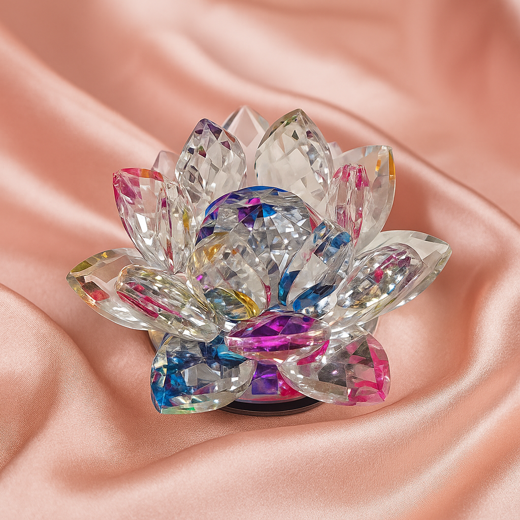 Divine Sansar-Crystal Kamal-Crystal lotus flower on a pink satin background