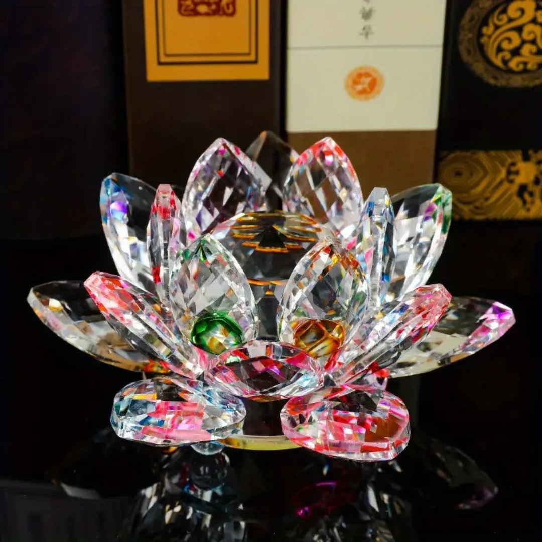 Divine Sansar-Crystal Kamal-Crystal lotus flower ornament on a dark background