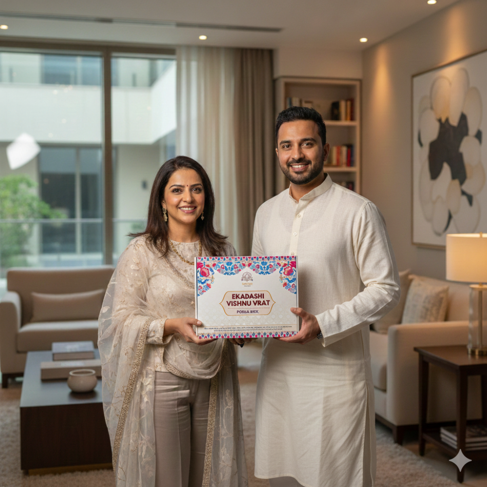 Divine Sansar-Man and woman holding Ekadashi Vishnu Vrat Pooja Box in a modern living room