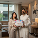 Divine Sansar-Man and woman holding Ekadashi Vishnu Vrat Pooja Box in a modern living room