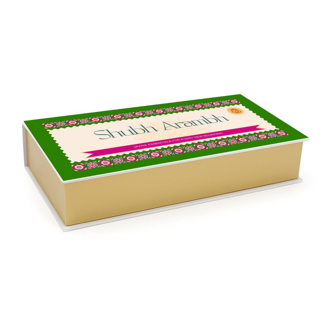 Divine Sansar-Hanuman Chalisa Gift Box Shubh Arambh Box with decorative green and pink design on a white background