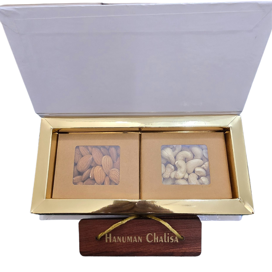 Divine Sansar-Hanuman Chalisa Gift Box Shubh Arambh Box-Gift set with almonds and cashews in a gold box with 'Hanuman Chalisa' wooden stand.