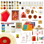 Divine Sansar-Maa_Navdurga_Pooja_Box_Contents_5-Collage of various items including food products, religious icons, and decorative elements on a white background.
