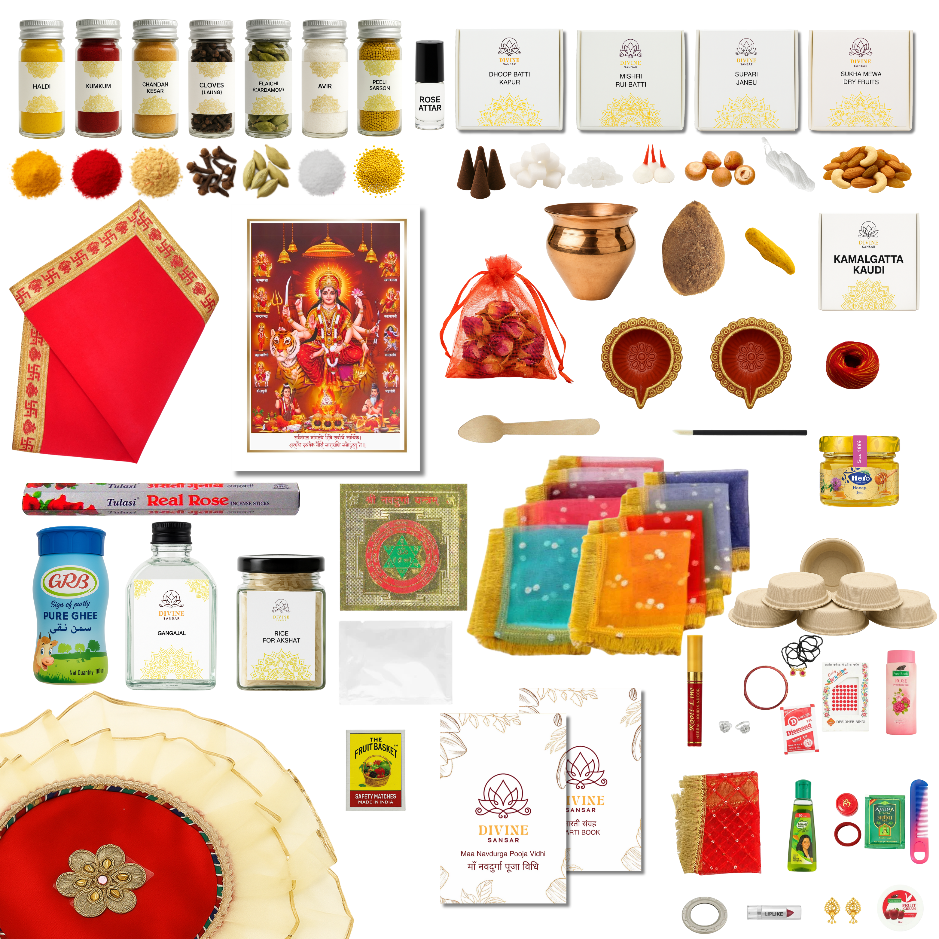 Divine Sansar-Maa_Navdurga_Pooja_Box_Contents_5-Collage of various items including food products, religious icons, and decorative elements on a white background.