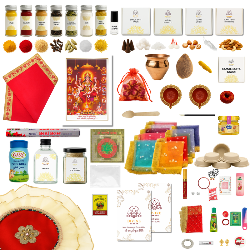 Divine Sansar-Maa_Navdurga_Pooja_Box_Contents_5-Collage of various items including food products, religious icons, and decorative elements on a white background.