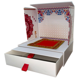 Divine Sansar-Mangal Bhawan : Personal Portable Temple-Decorative box with colorful patterns and a red ribbon on a white background