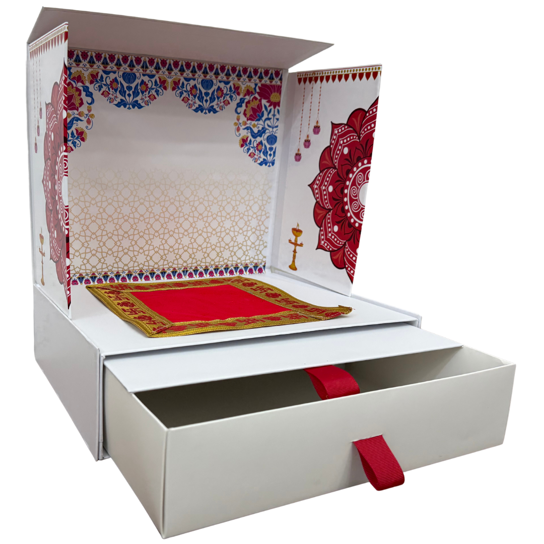 Divine Sansar-Mangal Bhawan : Personal Portable Temple-Decorative cardboard box with intricate patterns and a red cloth inside, on a white background