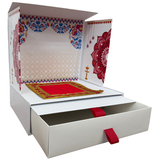 Divine Sansar-Mangal Bhawan : Personal Portable Temple-Decorative cardboard box with intricate patterns and a red cloth inside, on a white background