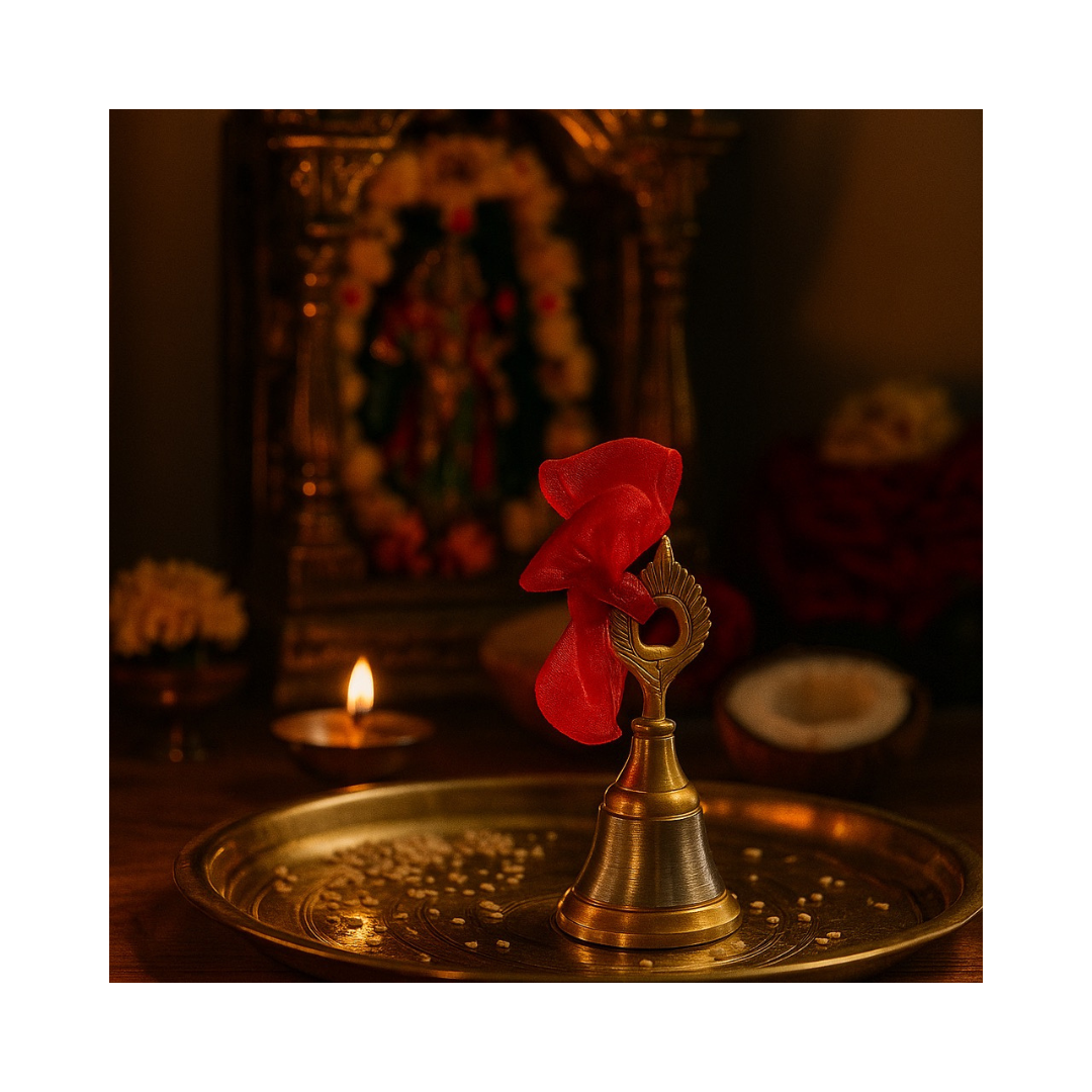 Divine Sansar-Morpankh Ghanti — Peacock-Feather Pooja Bell on a Pooja Thali