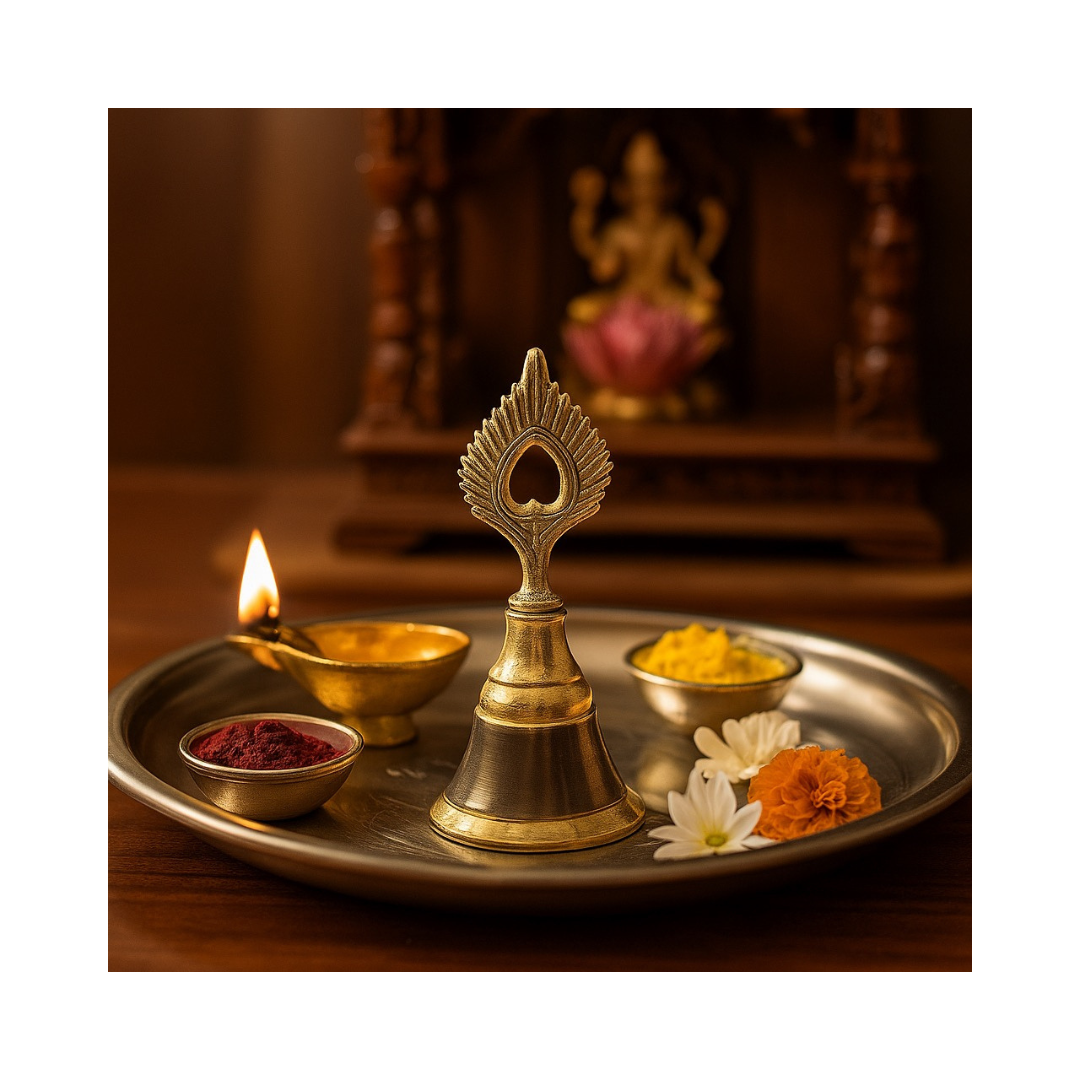 Divine Sansar-Morpankh Ghanti - Peacock-Feather Pooja Bell kept on a pooja thali with a lit diya, kumkum, haldi and flowers