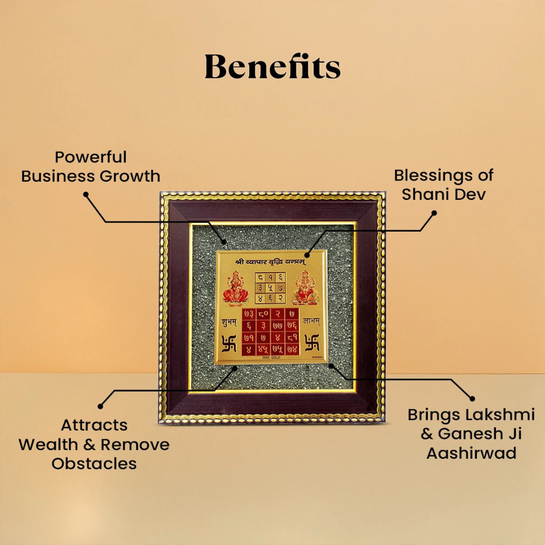 Divine Sansar Pyrite Stone Frame with Vyapar Vridhhi Yantra with benefits listed on a beige background