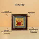 Divine Sansar Pyrite Stone Frame with Vyapar Vridhhi Yantra with benefits listed on a beige background