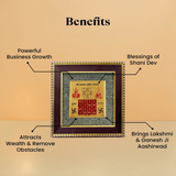 Divine Sansar Pyrite Stone Frame with Vyapar Vridhhi Yantra with benefits listed on a beige background
