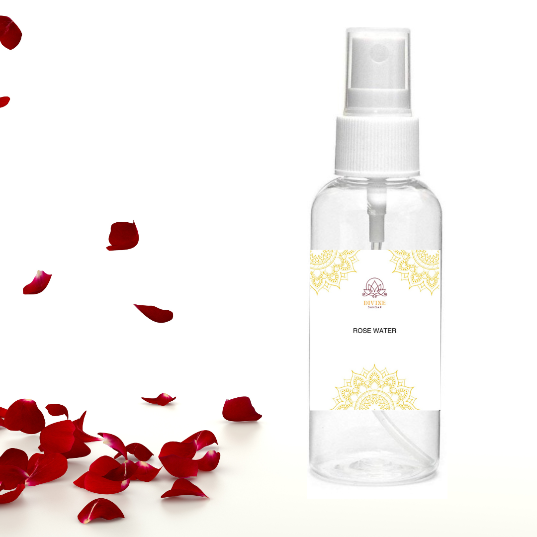 Divine Sansar-ROSEWATER-Clear spray bottle with rose water label 