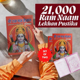 Divine Sansar-Ram Naam writing book 21000 times set of two divine sansar UAE-Set of two books with a person holding one, titled '21,000 Ram Naam Lekhan Pustika'.