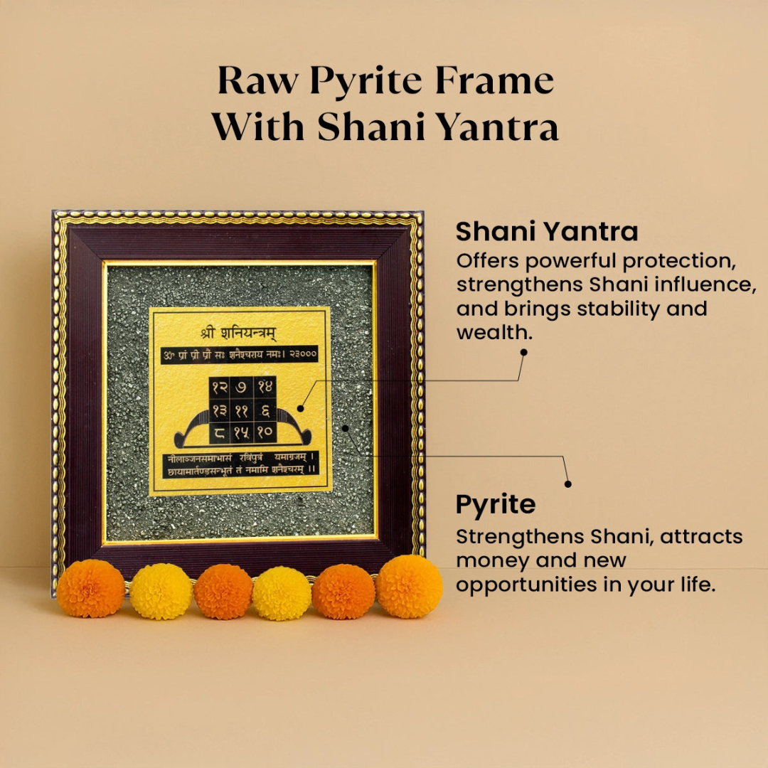 Divine Sansar-Shani Yantra on Raw Pyrite Frame on a beige background