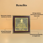 Divine Sansar-Shree Krishna Maha Mantra on Pyrite Frame on a beige background, listing benefits.