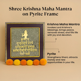 Divine Sansar-Shree Krishna Maha Mantra on Pyrite Frame, featuring text about its benefits.