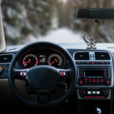 Divine Sansar-Silver and Gold Khanda Sahib Idol with Sparkling Stones-Car interior with dashboard and steering wheel, featuring Silver and Gold Khanda Sahib Idol on the dashboard.