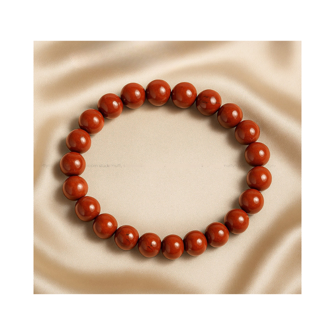 Divine Sansar-Stability Bracelet-Red Jasper bracelet on a beige fabric background