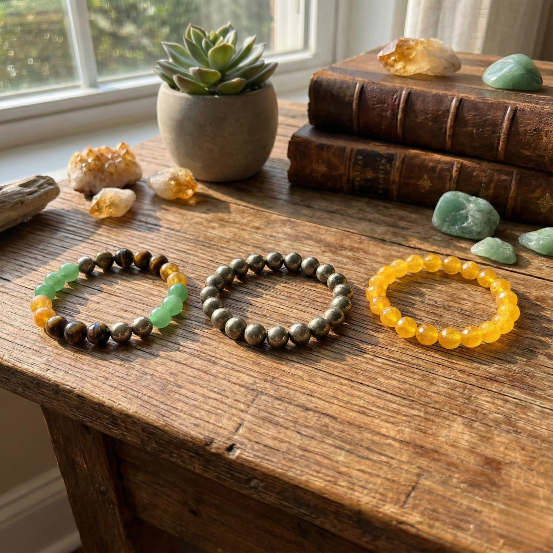 Divine Sansar-The Abundance Trio Wealth Career Bracelet-Prosperity-Money Magnet-Wealth Magnet-on a wooden table