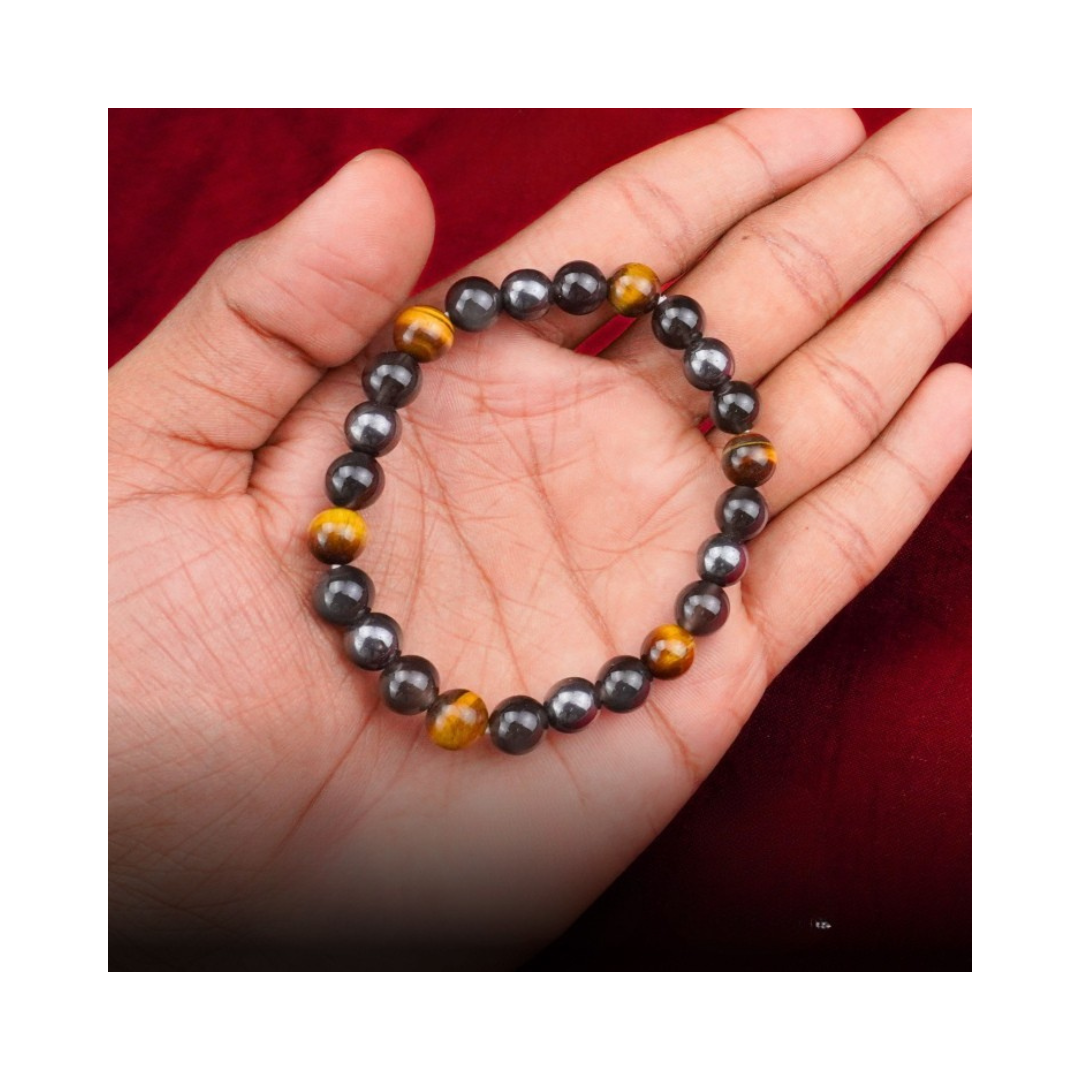 Divine Sansar-TripleProtection-TigerEye-Obsidian-Hematite-A Bracelet designed to bring protection, grounding, positivity, and balance into your daily life-on a palm