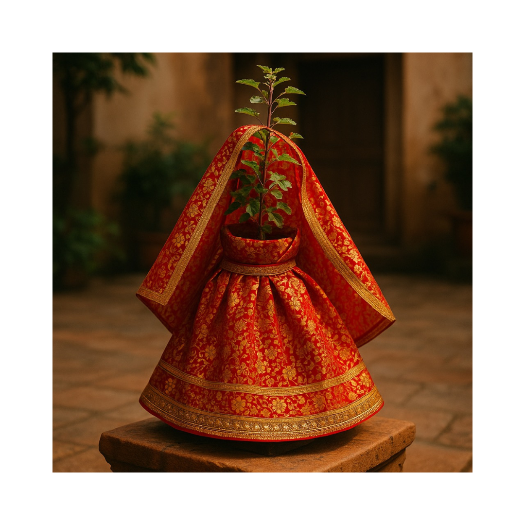 Divine Sansar-Tulsi Poshak-Tulsi ji wearing a beautful red and golden flower motif cloth