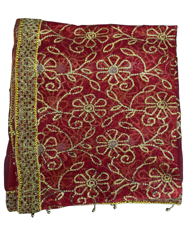 Divine Sansar Chunri Collection-Red traditional veil with gold floral embroidery on a white background