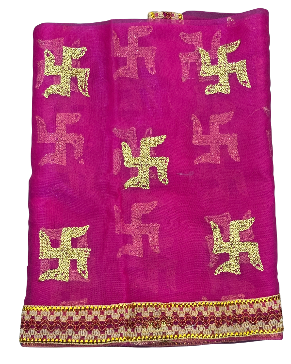 Divine Sansar Chunri Collection-Pink traditional veil with gold swastika patterns on a white background