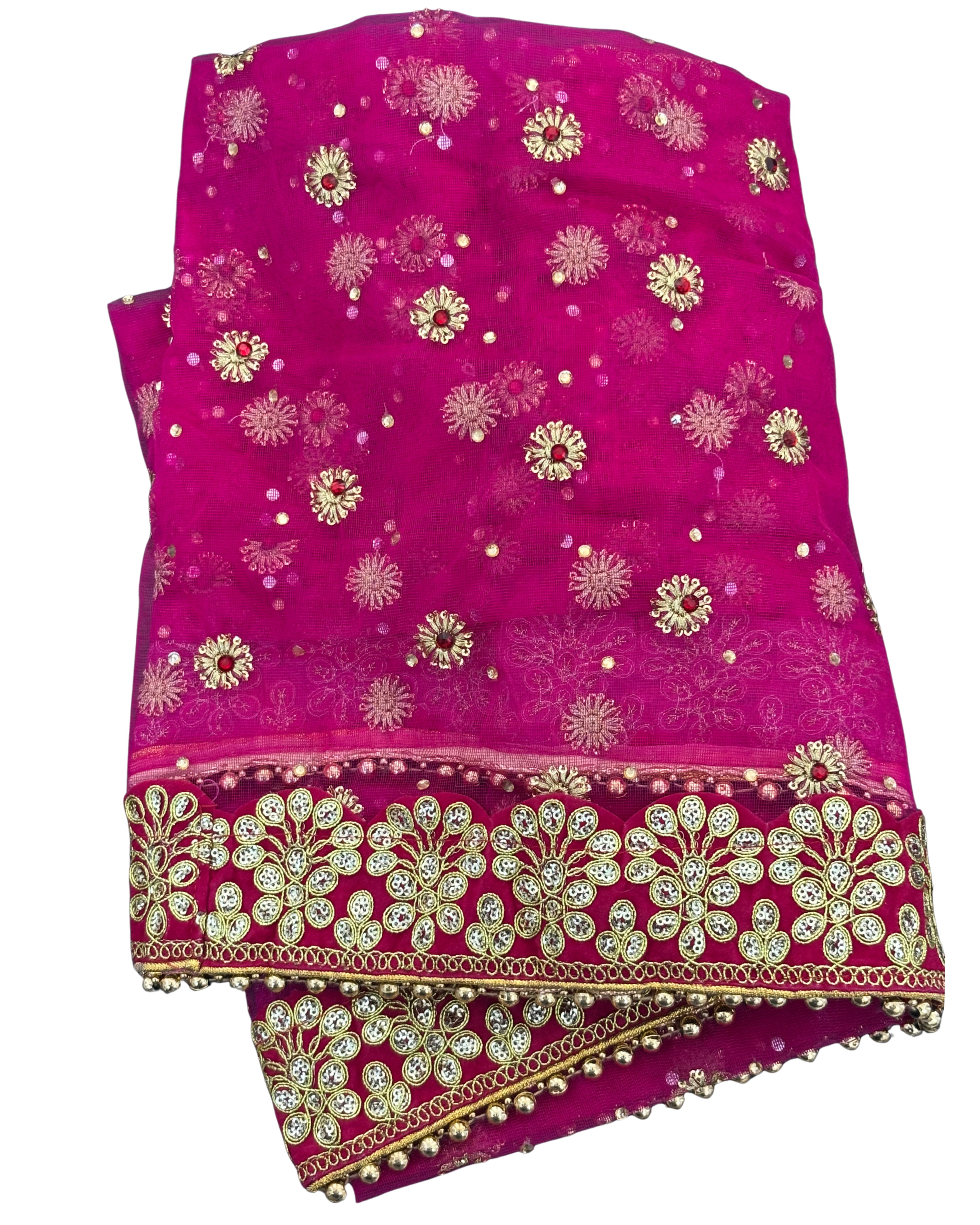 Divine Sansar Chunri Collection-Magenta traditional veil with gold embroidery on a white background