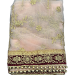 Divine Sansar Chunri Collection-Decorative veil with gold embroidery and a red border on a white background