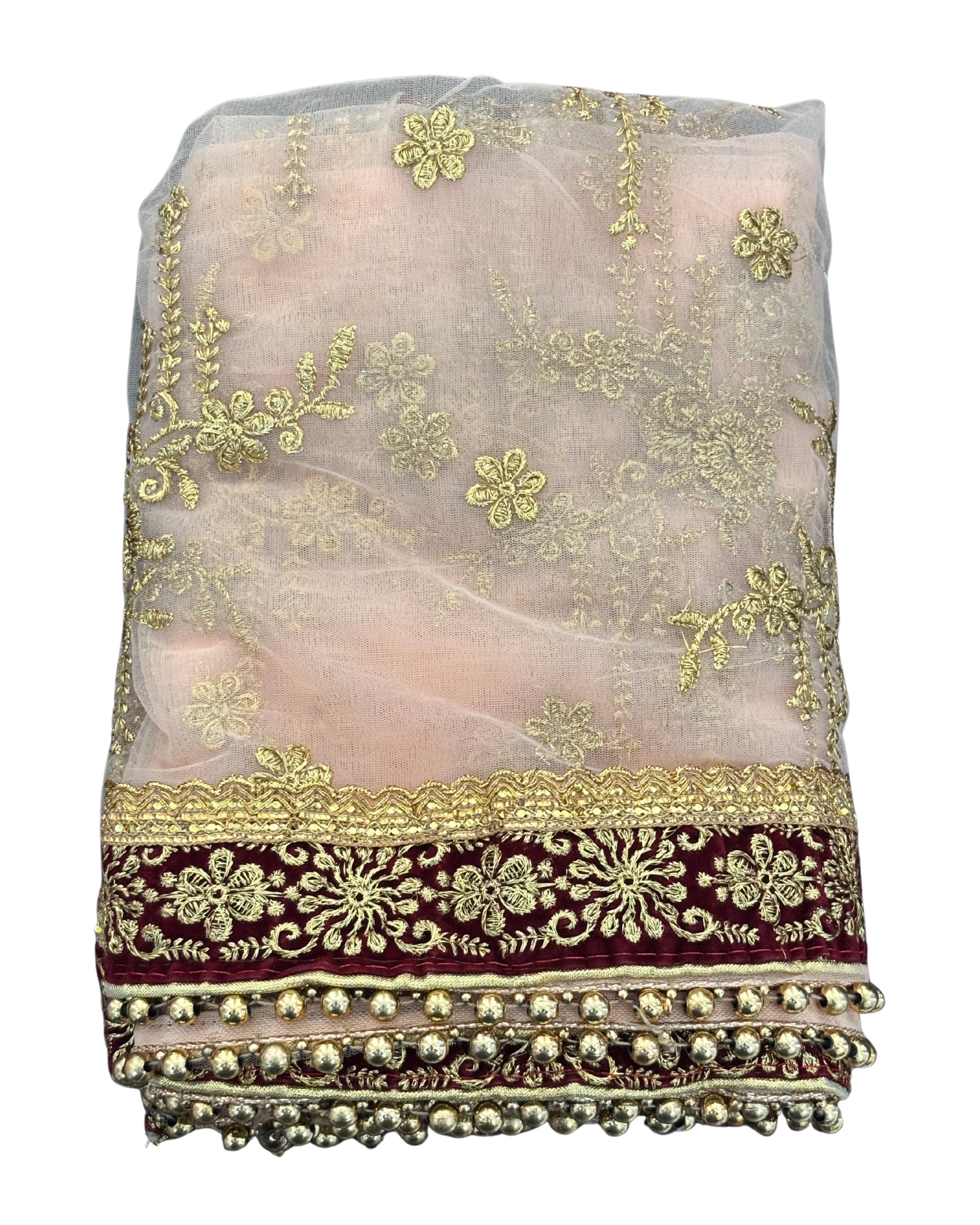 Divine Sansar Chunri Collection-Decorative veil with gold embroidery and a red border on a white background