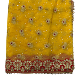 Divine Sansar Chunri Collection-Yellow veil with intricate red and gold embroidery on a white background