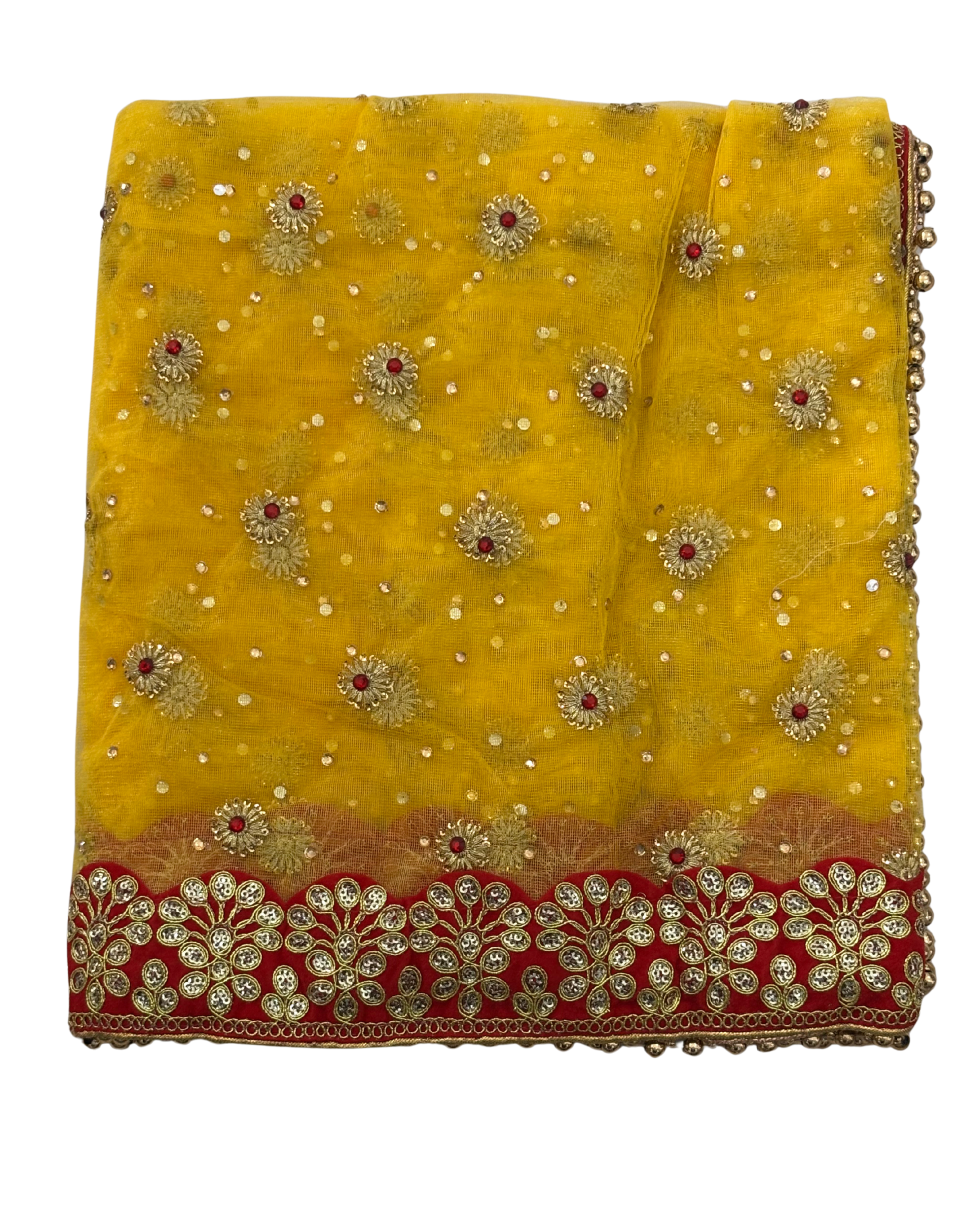 Divine Sansar Chunri Collection-Yellow veil with intricate red and gold embroidery on a white background