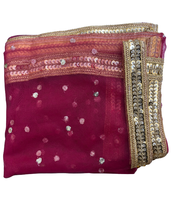 Divine Sansar Chunri Collection-Magenta traditional veil with gold and silver embroidery on a white background
