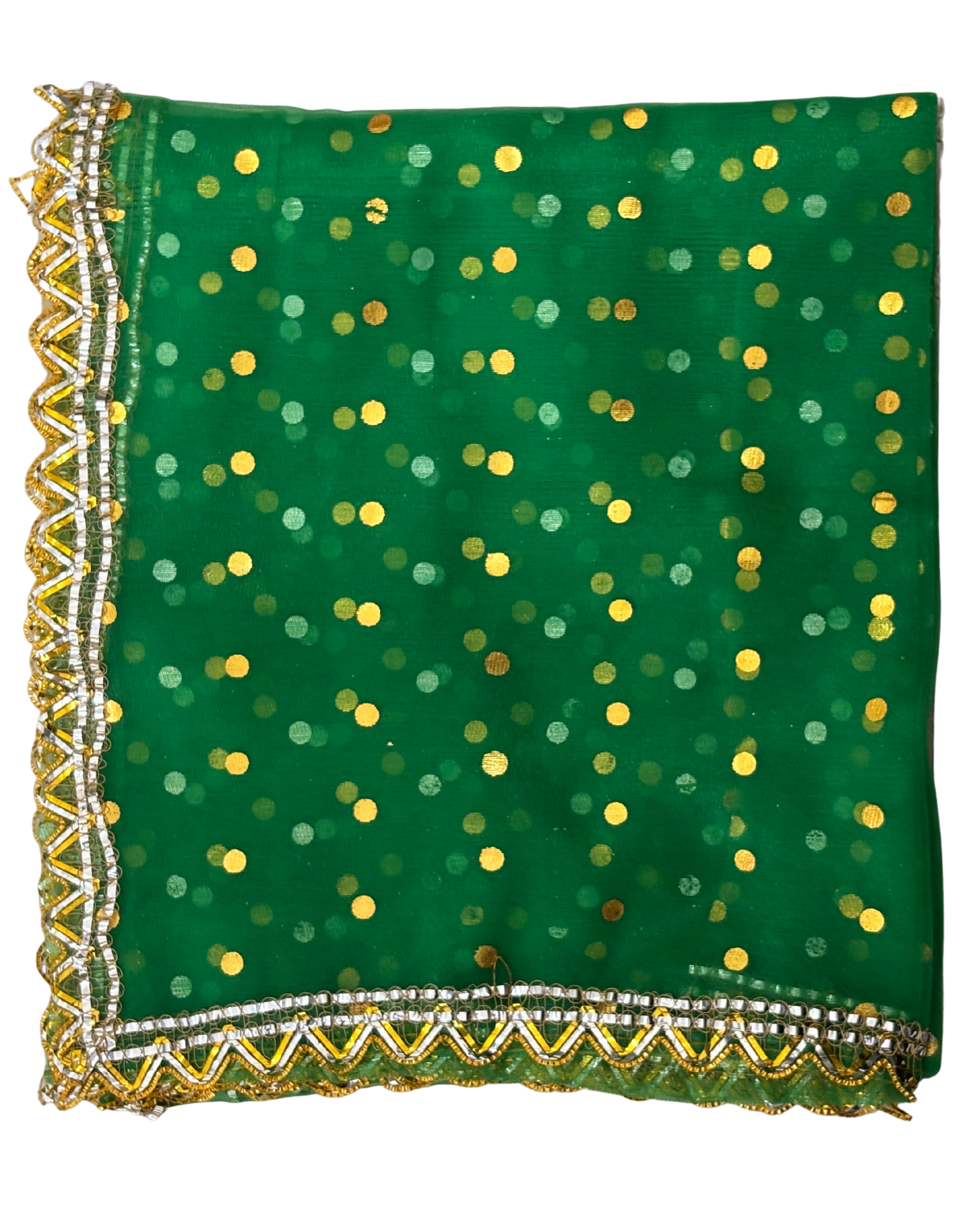 Divine Sansar Chunri Collection-Green traditional veil with gold polka dots and border on a white background