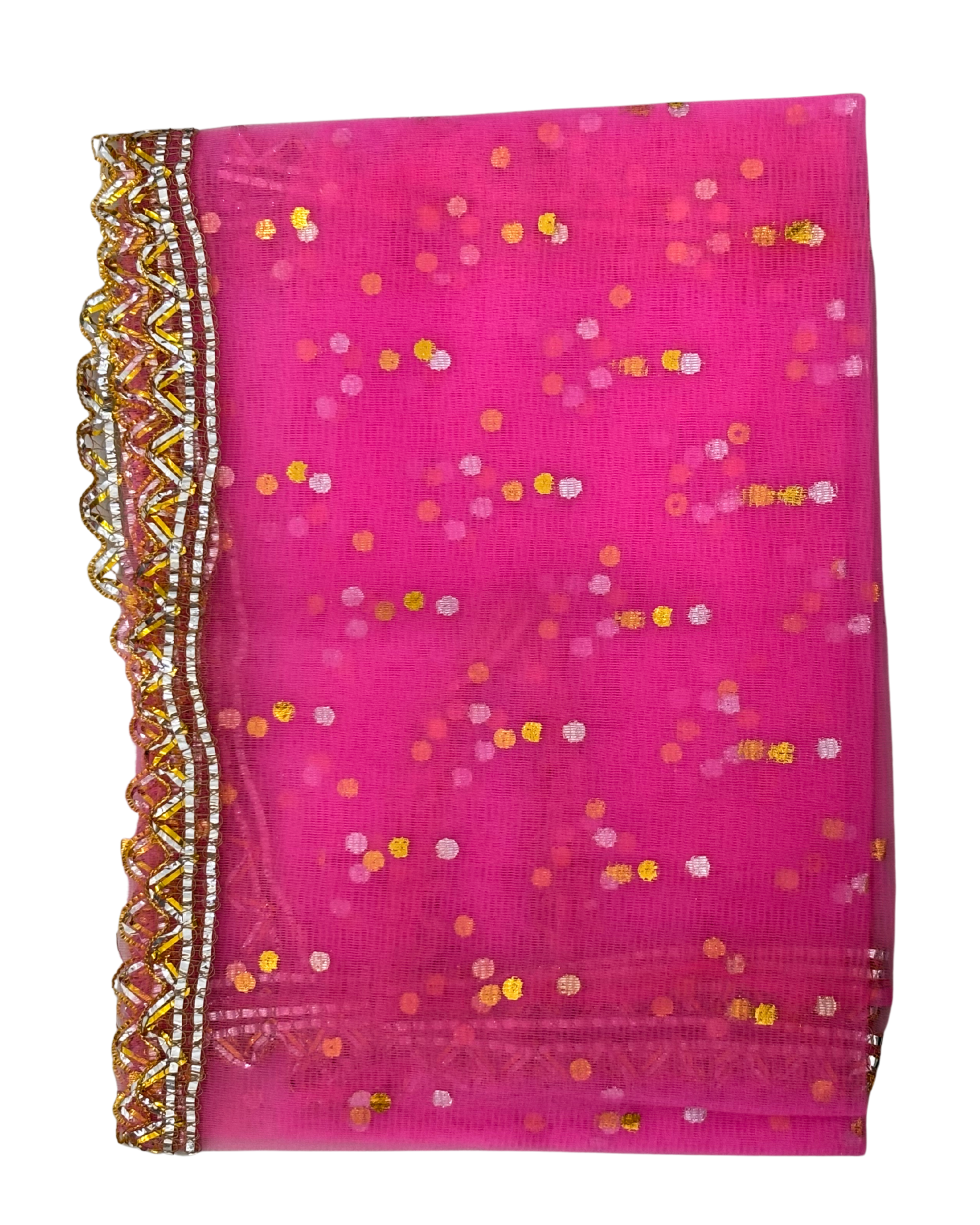 Divine Sansar Chunri Collection-Pink traditional veil with gold and multicolor patterns on a white background