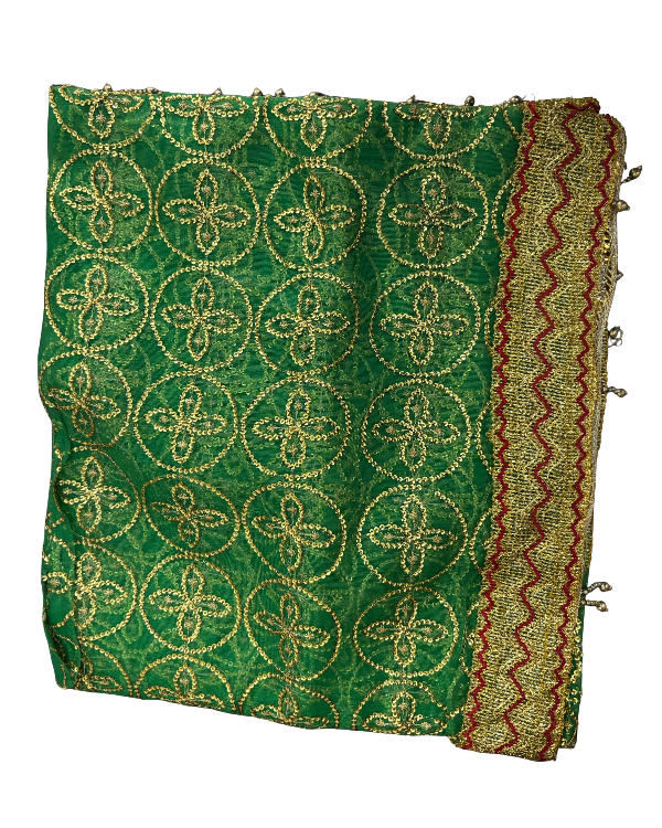 Divine Sansar Chunri Collection-Green traditional veil with gold embroidery and red border on a white background