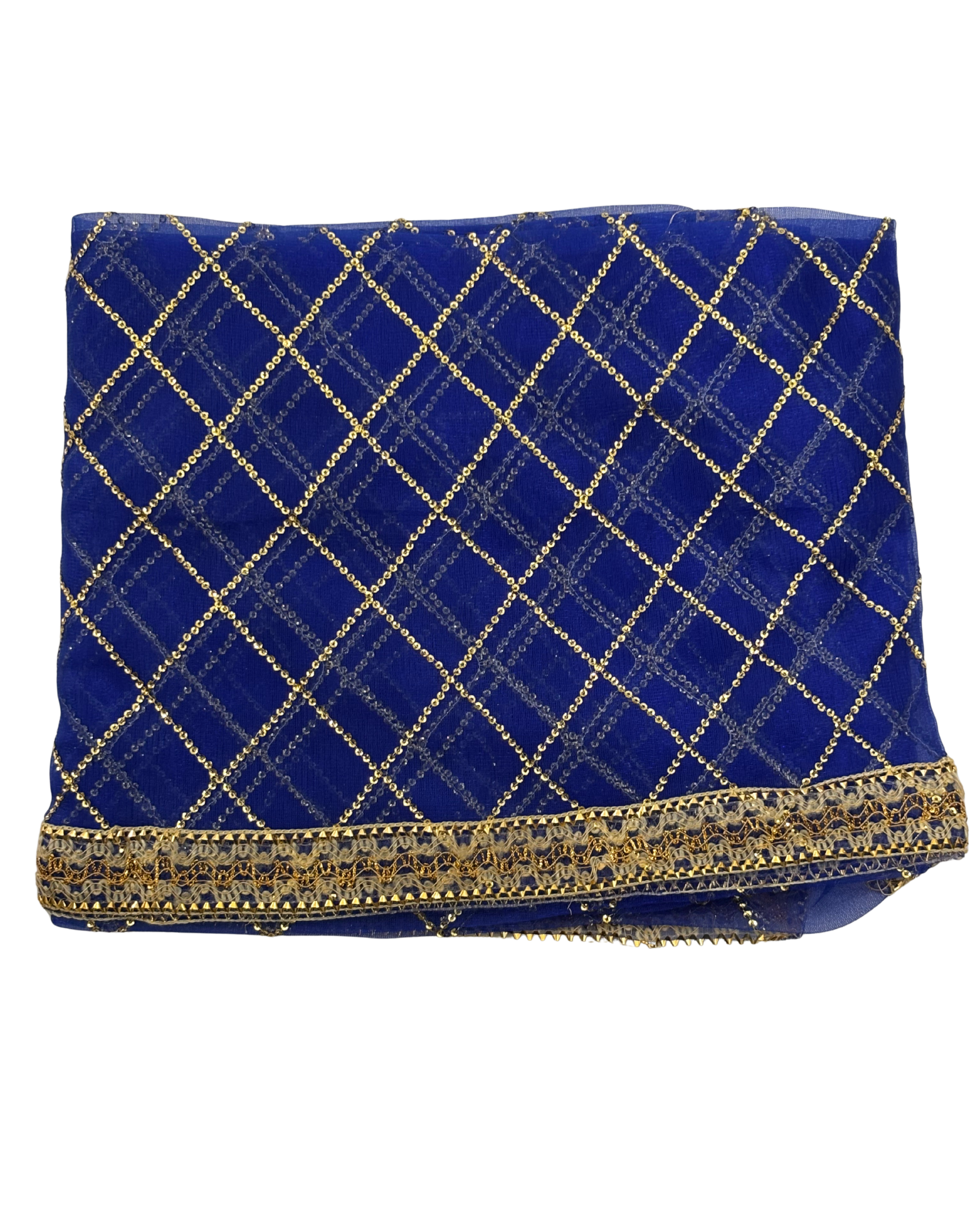 Divine Sansar Chunri Collection-Blue traditional veil with gold embroidery on a white background