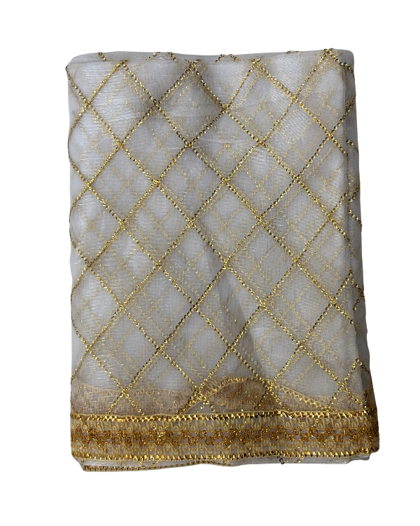 Divine Sansar Chunri Collection-white traditional veil with gold embroidery on a white background