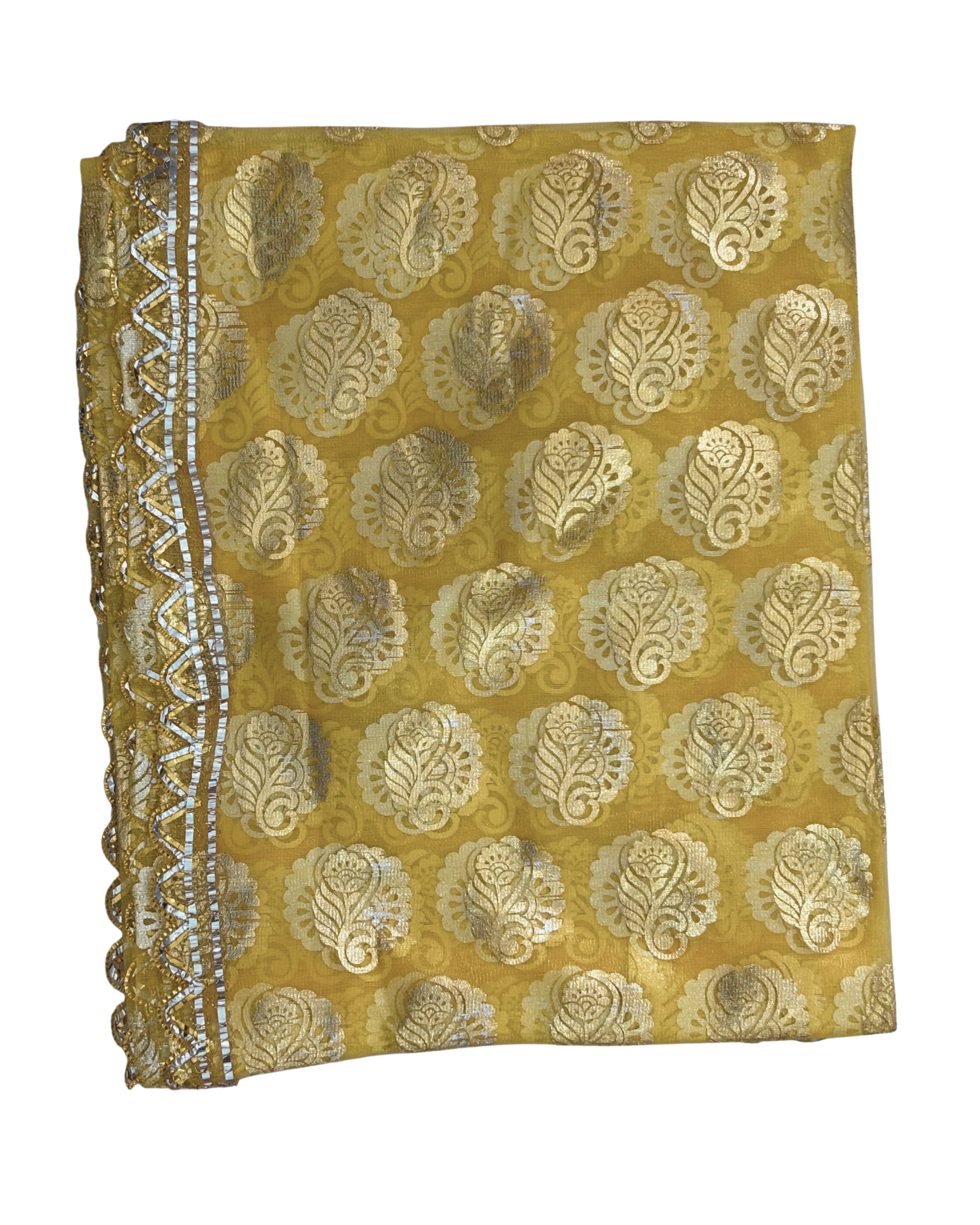 Divine Sansar Chunri Collection-Gold and white patterned traditional veil on a white background
